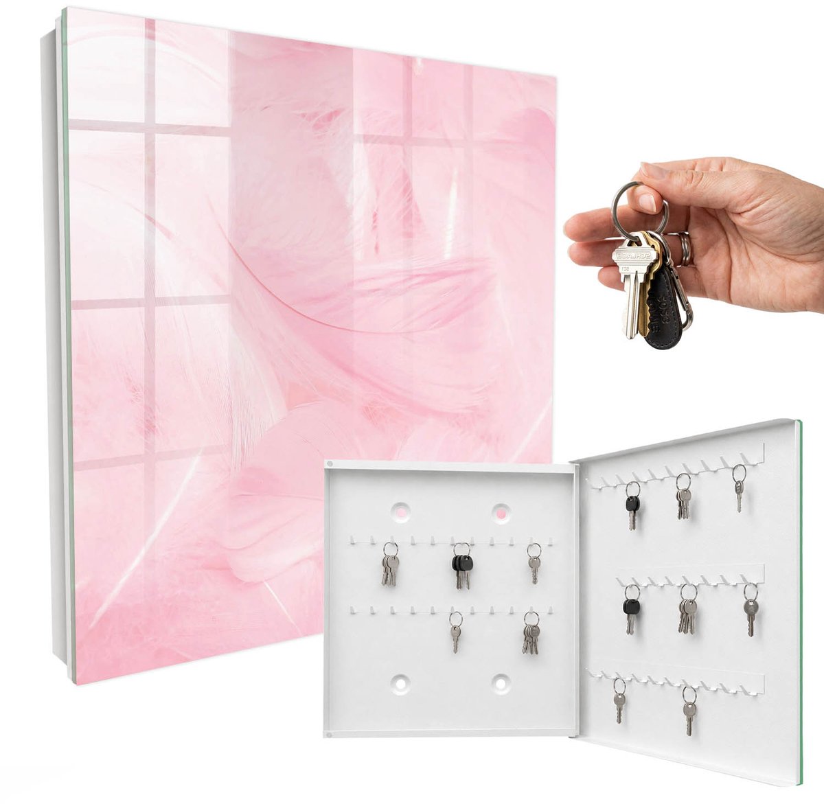 WallMuralia - Sleutelkast - 30x30x5 cm - met 50 haken - Roze Veren Sleutelkastje Design - Roze Sleutelbox - Rechtsopenend - Wit interieur