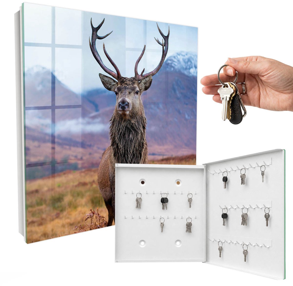 WallMuralia - Sleutelkast - 30x30x5 cm - met 50 haken - Herten In De Bergen Sleutelkastje Gang - Bruin Sleutelbox - Rechtsopenend - Wit interieur