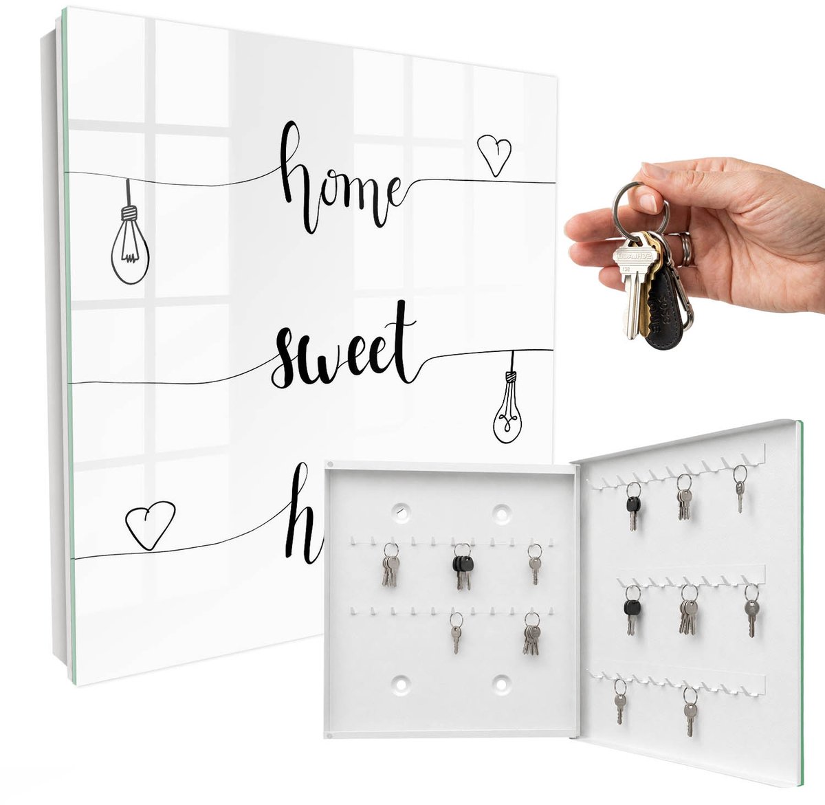 WallMuralia - Sleutelkast - 30x30x5 cm - met 50 haken - Zoet Thuis Sleutelkastje Binnen - Zwart-Wit Sleutelbox - Rechtsopenend - Wit interieur