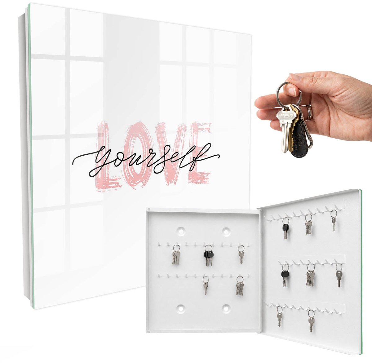 WallMuralia - Sleutelkast - 30x30x5 cm - met 50 haken - Houd Van Jezelf Sleutelkastje Industrieel - Wit Sleutelbox - Rechtsopenend - Wit interieur