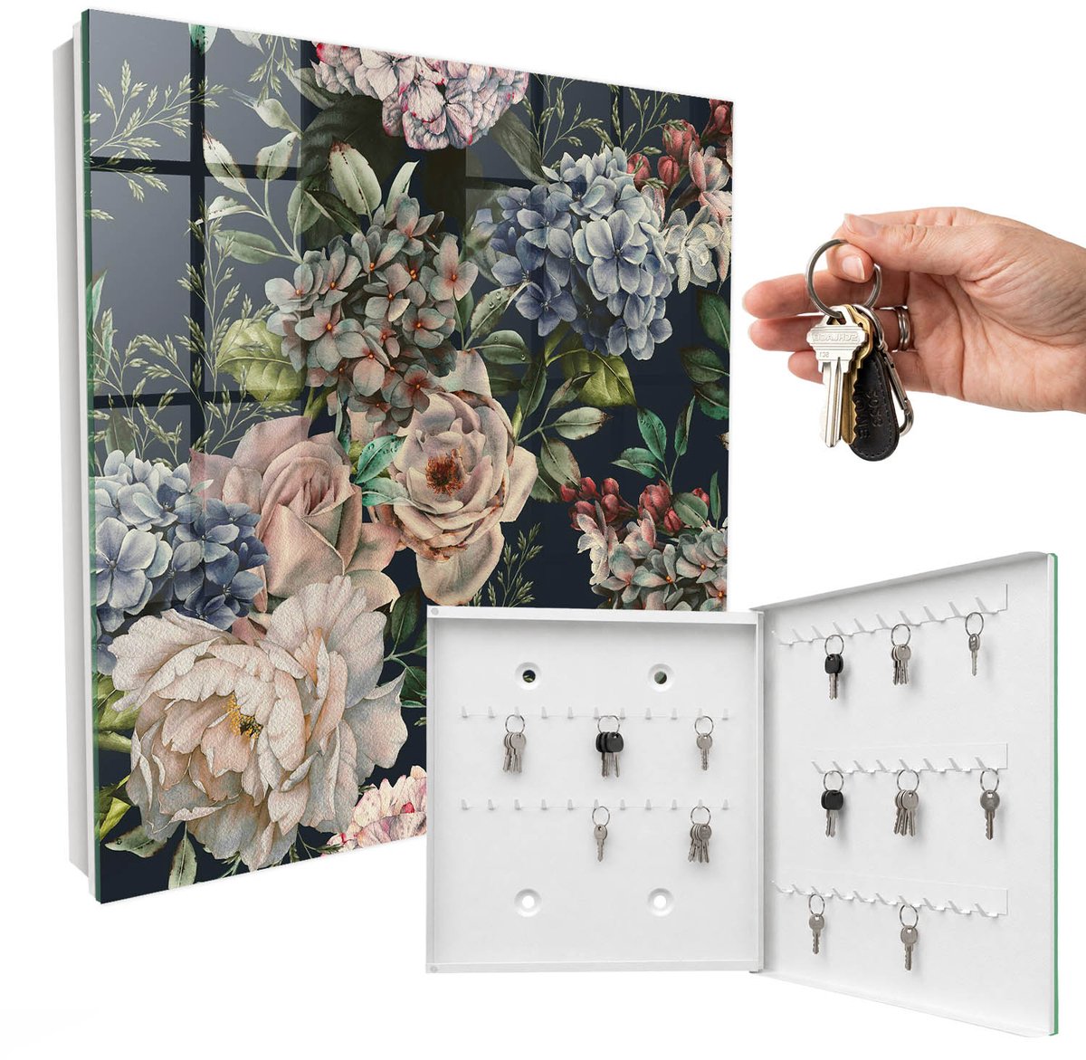 WallMuralia - Sleutelkast - 30x30x5 cm - met 50 haken - Bloemenpatroon Sleutelkastje Gang - Groente Sleutelbox - Rechtsopenend - Wit interieur