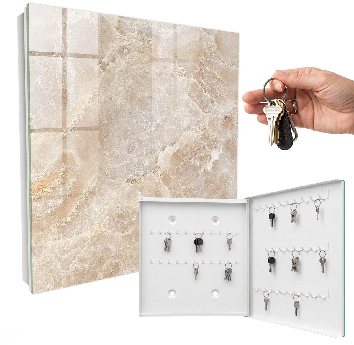 WallMuralia - Sleutelkast - 30x30x5 cm - met 50 haken - Beige Marmer Sleutelkastje Gang - Beige Sleutelbox - Rechtsopenend - Wit interieur