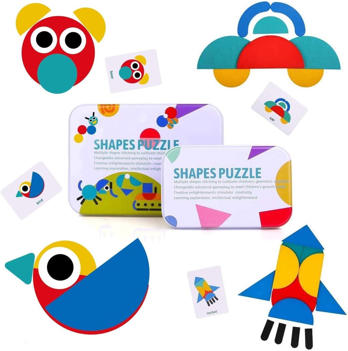 Tangram Montessori houten puzzel van 36 stuks, inclusief 60 stuks design stapelkaarten, spelletjes en educatief speelgoed, classificatie van kinderen