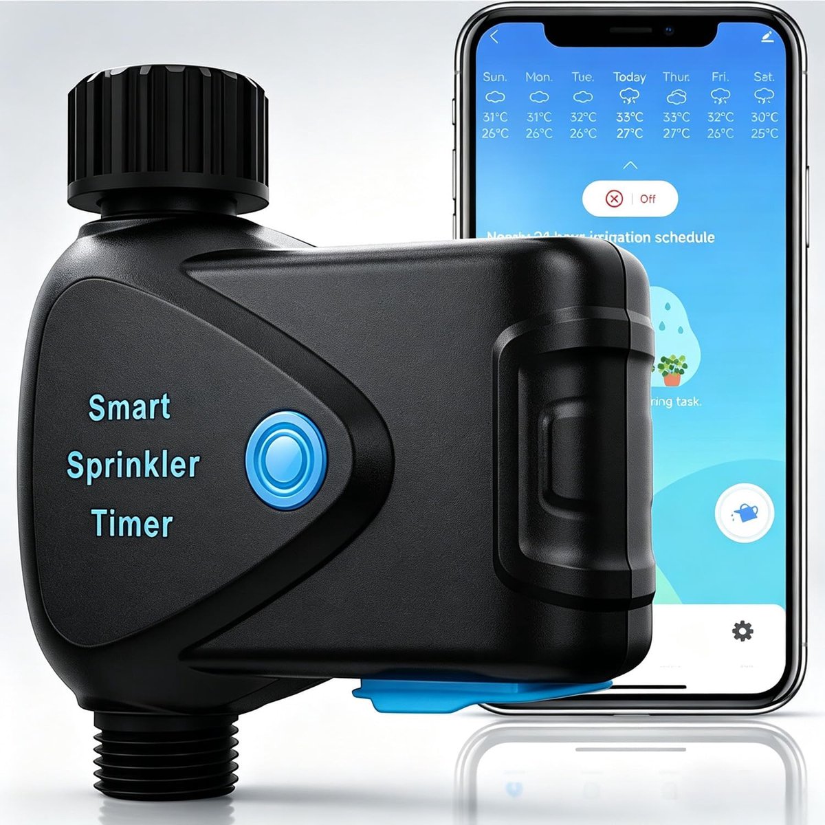 Watertimer voor Tuinslang, Geen Hub Vereist, Sproeiercontroller met Ingebouwde Watermeter, App- en Alexa/Google-spraakbediening, IP65 Waterdichte Draadloze Irrigatie voor Gazon en Kas