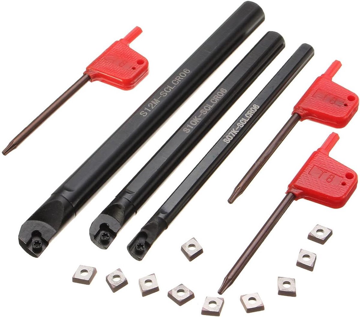 CNC-draaibankhouder draaigereedschap boorstang 3 stuks S07K-SCLCR06 S10K-SCLCR06 S12M-SCLCR06 + 10 stuks CCMT0602 inzetstukken + 3 stuks sleutels draaibankgereedschap DZ09