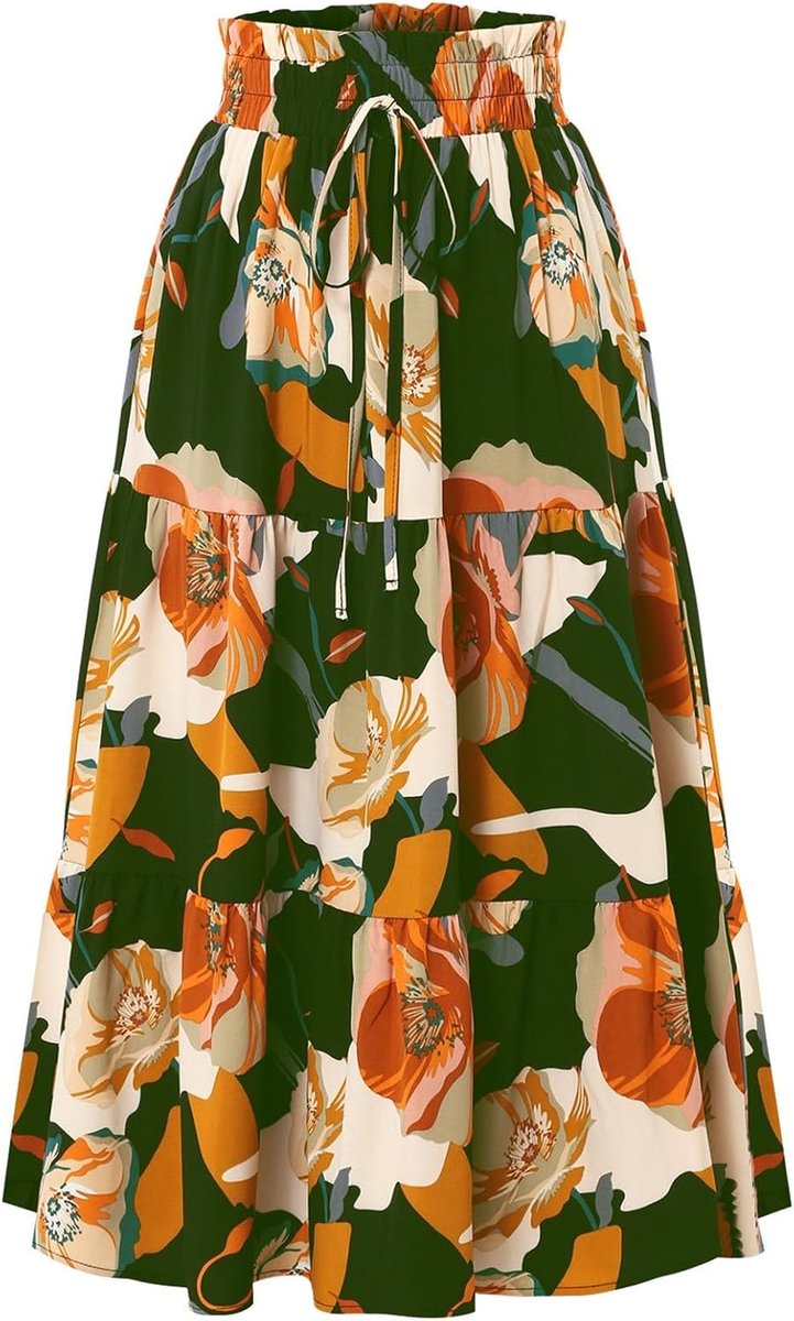 Rokken Elastische Taille Vintage Rokken Bloemenprint Ruches A-lijn Kuitlengte Rokken met Drawsting