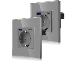 CNBINGO Enkelvoudig stopcontact met 2 x USB-poorten (20 W snel opladen), 1 x (type C en USB-A), eenvoudig glazen Schuko-stopcontact, inbouw, grijs stopcontact met kinderslot, 2 stuks