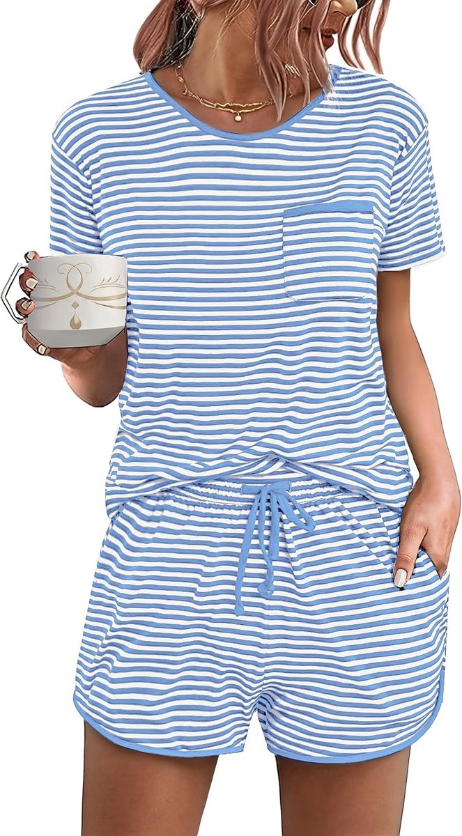 Pyjama voor dames, zomer, 2-delige set, shorts en top, korte mouwen, V-hals, nachtkleding, casual pasvorm, ontspanning, pyjamashort, ademend, voor thuis, zomer