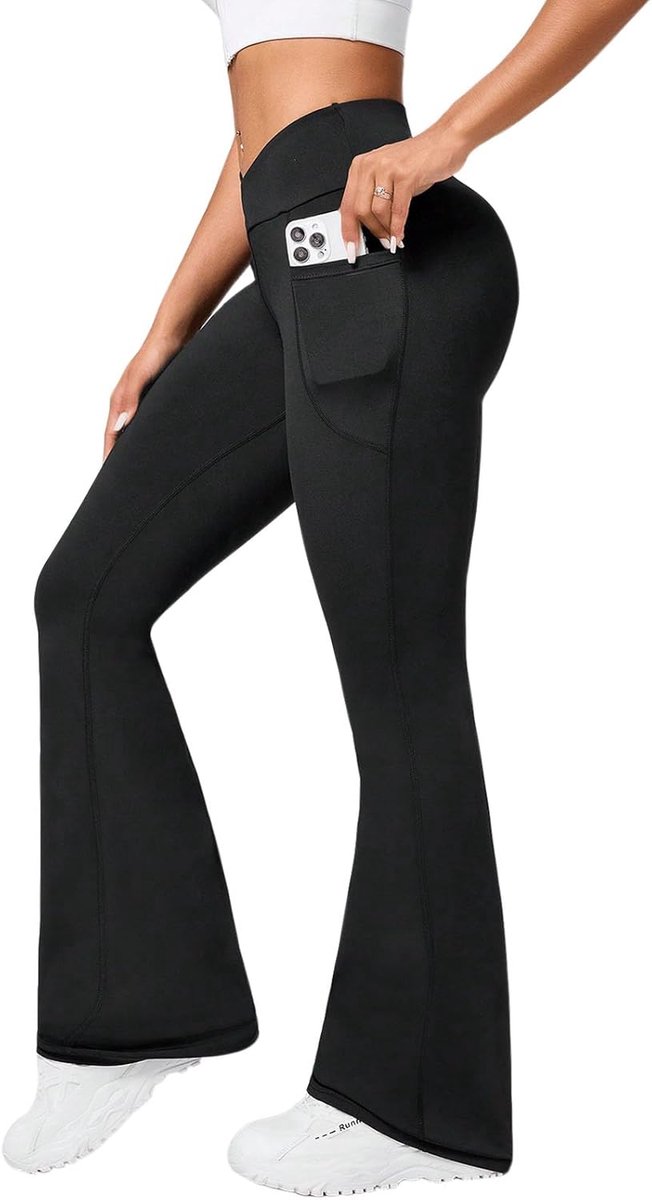 Yogabroek voor dames, uitlopend, gekruiste hoge taille, sportbroek, bootcut broek met zakken, yogabroek, fitness, dans, joggingbroek