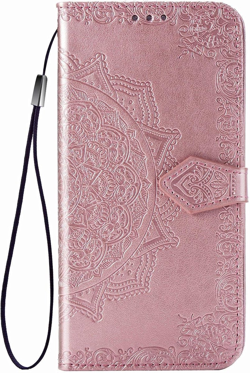 Hoesje voor Huawei P Smart Z, Lederen Mandala Phone Case Flip Cover met Kaarthouder, Staan, Siliconen Bumper en Magnetische Sluiting Holster Etuis Skin voor Huawei P Smart Z, Rosegold