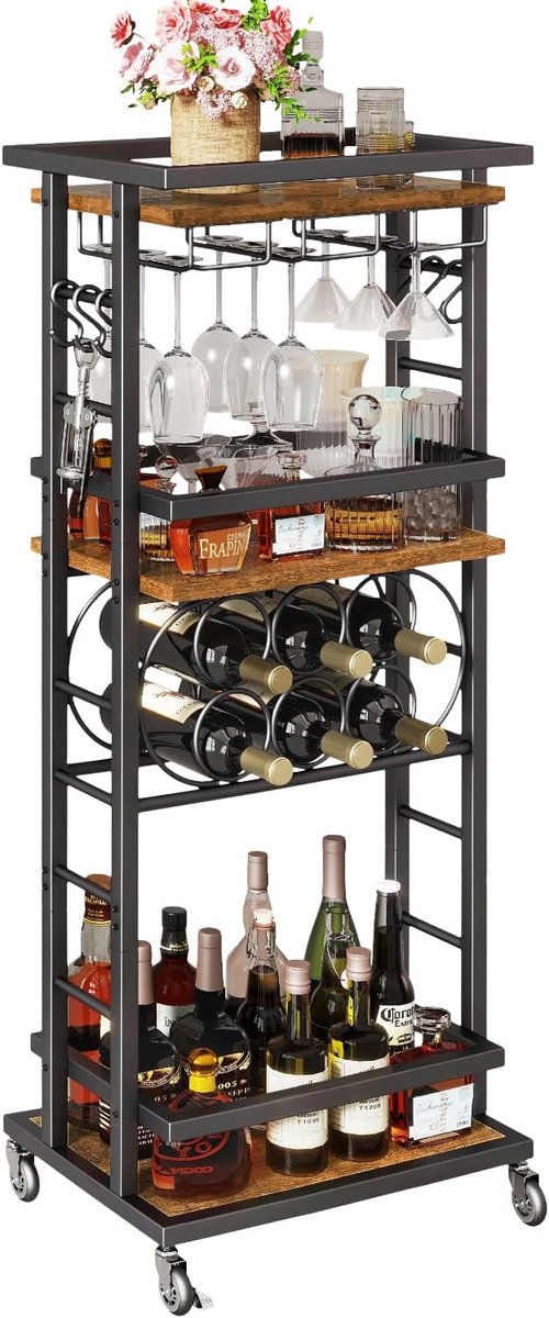 Wijnrek met 4 niveaus met wielen, vrijstaand wijnrek, barwagen voor sterke dranken, whisky en wijn, multifunctioneel flessenrek, wijnstandaard voor de woonkamer, rustiek bruin TMJ912H
