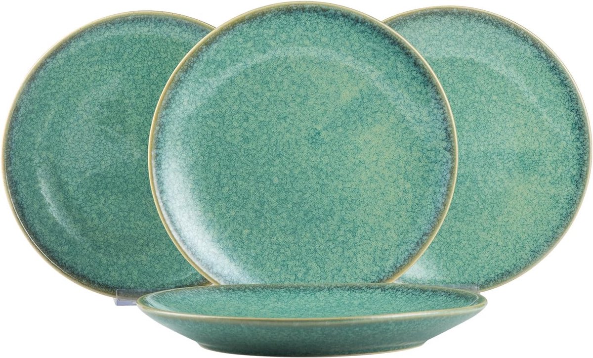 LEAD Eetborden, bordenset, porselein, 4-delige pastabord, ontbijtborden, 26 cm grote eetborden, glanzend groen