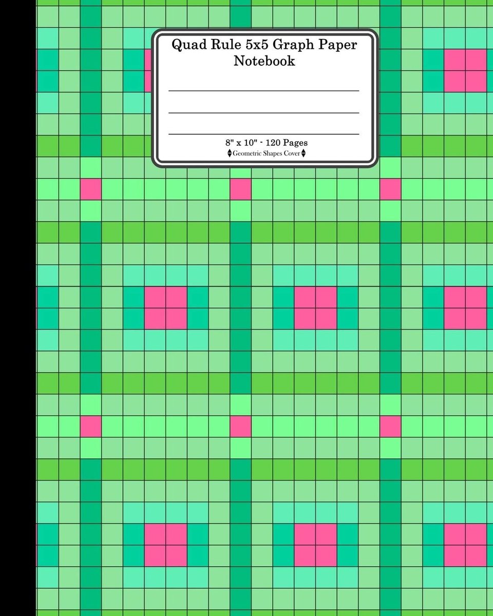 Rule 5x5 Graph Paper Notebook. 8" x 10". 120 Pages. Geometric Shapes Cover: Green Pink Checkerboard Squares Pattern Cover. Square Grid Paper, ... paper. Geometric Shapes Book Cover.