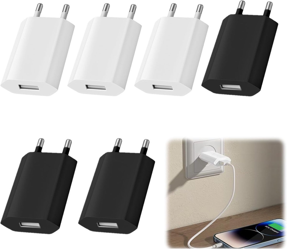 6 stuks 5 V 1 A stekkeradapters, universele USB-oplader, stroomvoorziening, oplaadaansluiting, wandlader, USB-oplader, USB-aansluiting