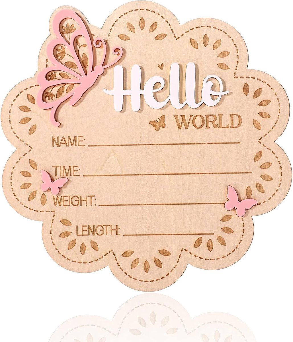 Baby-Aankondigingsbord, Bloemvorm Hello World Welkomstbord Nieuwgeborene met Standaard Vlinder Naamplaat & Fotoprops voor Ziekenhuiskamer-Deco Baby-Shower Fotografie