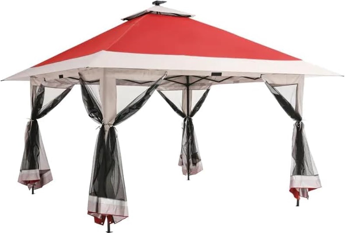 Paviljoen 3.6 x 3.6 m - Partytent met Dubbel Dak voor Ventilatie - Inclusief Gordijnen en Muggennet - UV-bestendig (UPF 50+) - Voor Tuin, Terras en Camping - rood