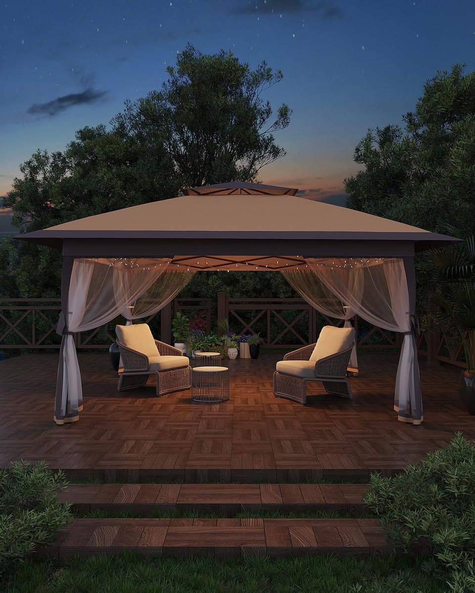 Paviljoen 3.6 x 3.6 m - Partytent met Dubbel Dak voor Ventilatie - Inclusief Gordijnen en Muggennet - UV-bestendig (UPF 50+) - Voor Tuin, Terras en Camping - Khaki