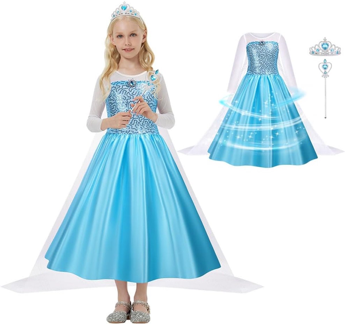 jurk, prinseskostuum met sprookjesstaf Kroon-tiara-badge
