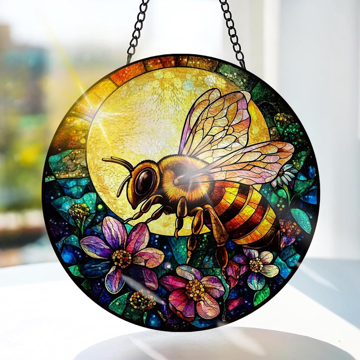 Bimkole Bij Gekleurd Glas Hangend - Maan Hangende Raamdecoratie - voor Tuin, Raam en Deur, Verjaardag voor Vrouwen, Handgemaakte Suncatcher Decoratie 20x20 cm