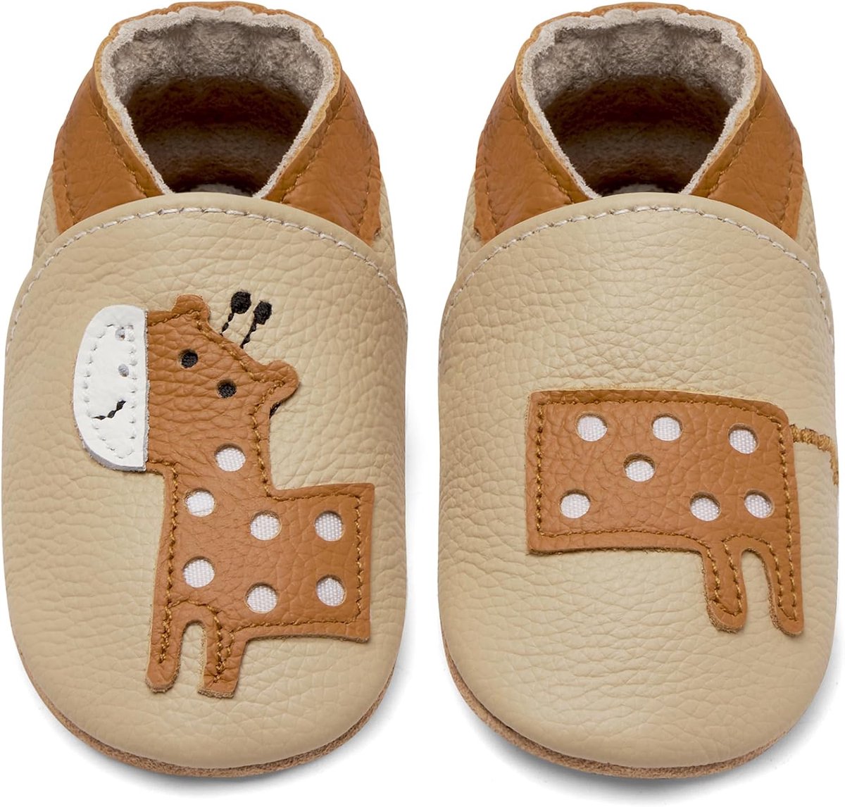 Eerste Babyschoentjes Jongens Meisjes Zacht Leer Zooltjes Babyslofjes(Beige Giraf, 6-12 maanden)