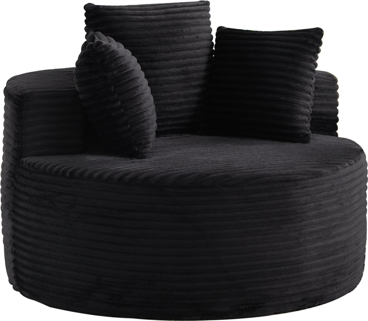 MEUNIQ ronde fauteuil 110 cm in zwart corduroy met 3 kussens, brede armleuningen en zachte zitting voor woonkamer, slaapkamer of speelkamer