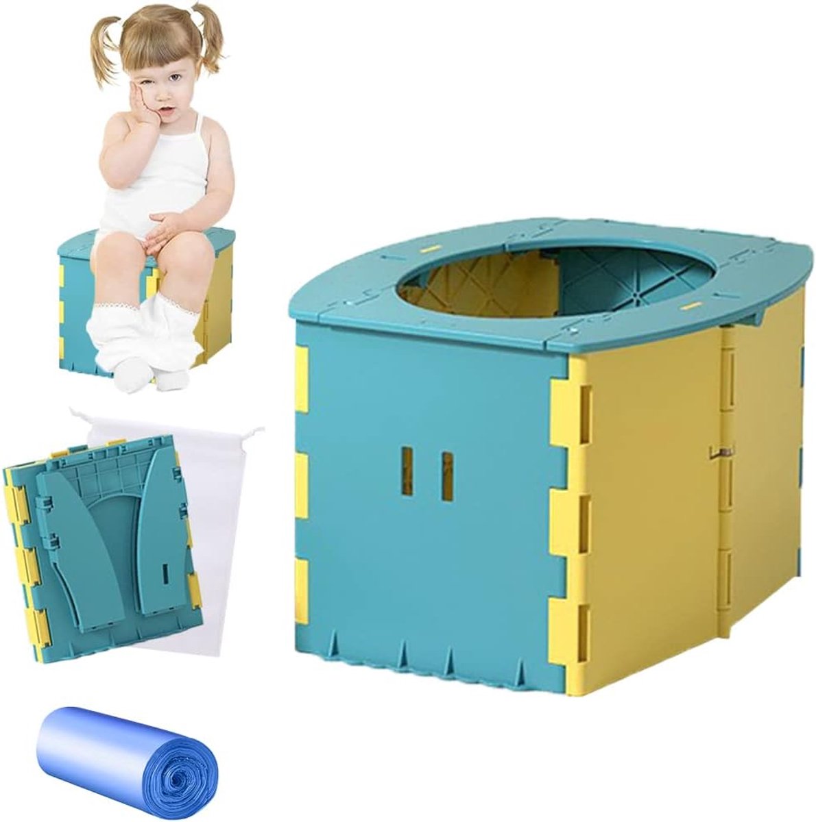 kindertoilet, opvouwbare reispot, draagbaar opvouwbaar toilet voor kinderen, kleine toiletpot voor baby's, reizen, babytoilet (steenblauw)