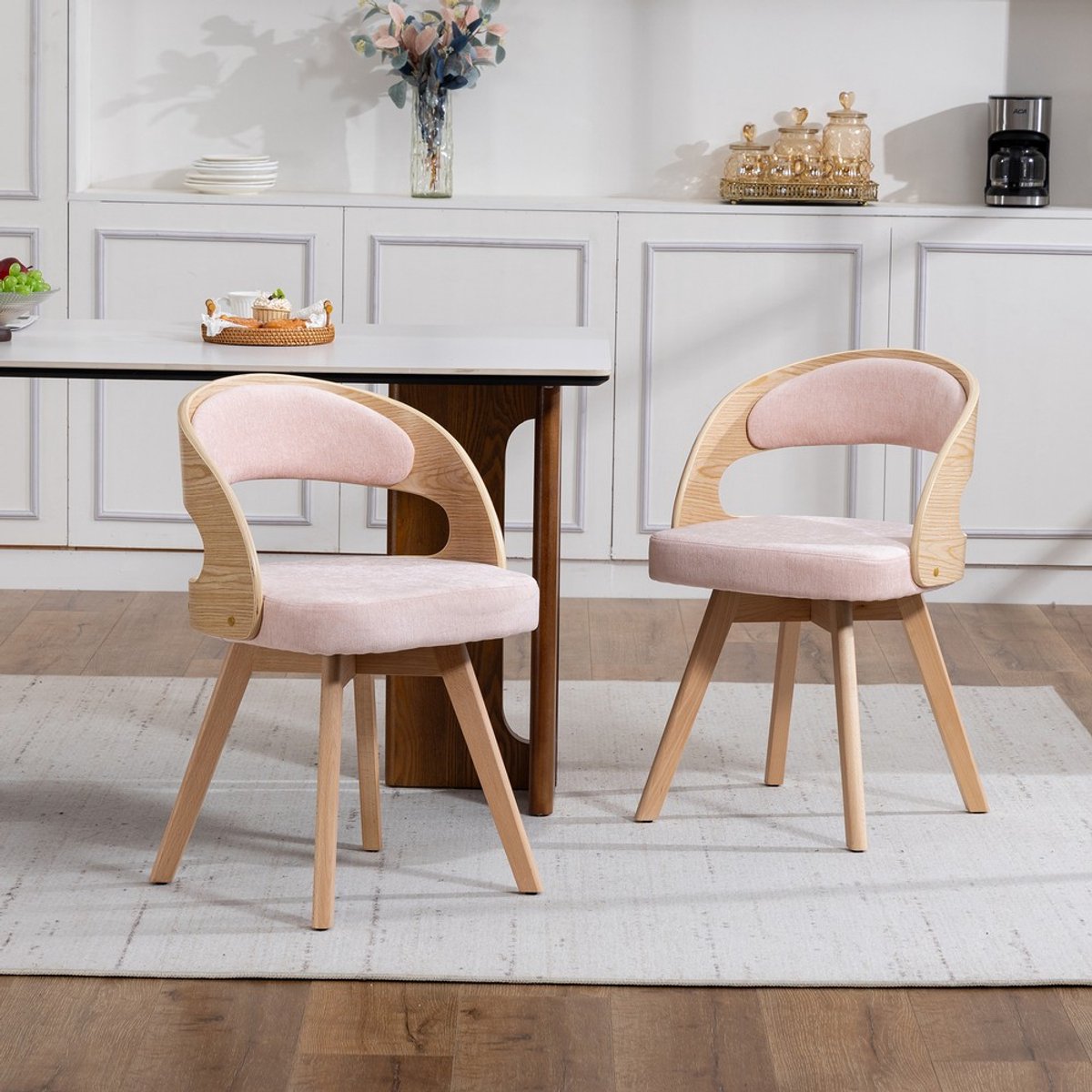 Pugsdrly Een set van twee houten eetkamerstoelen in moderne stijl, met draaibare zittingen, zitkussens van katoen en linnen en een gebogen rugleuning; accentstoelen voor de keuken, het café en de woonkamer (Pink Linen)