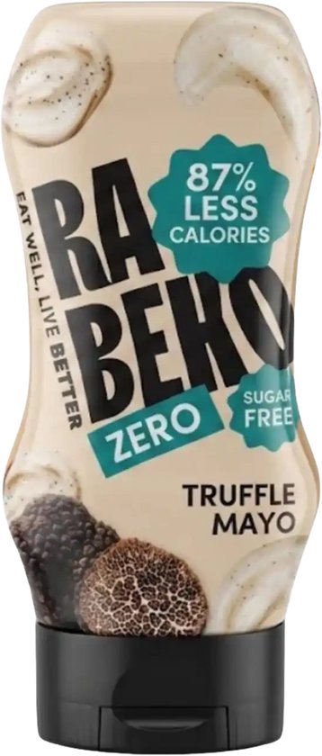 Rabeko Zero Truffel Mayo fles, 87% minder calorieën, suikervrij. Met stukjes truffel afgebeeld.