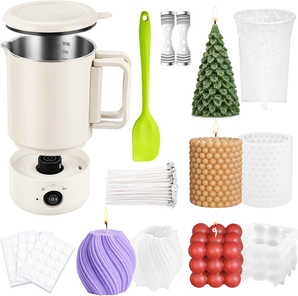 Elektrische Wassmelter 800 ml voor Kaarsen Maken, DIY Kaarsenmaakset voor Volwassenen en Beginners, met 4 Siliconen Mallen, 50 Kaarslonten, 60 Lontstickers en Accessoires
