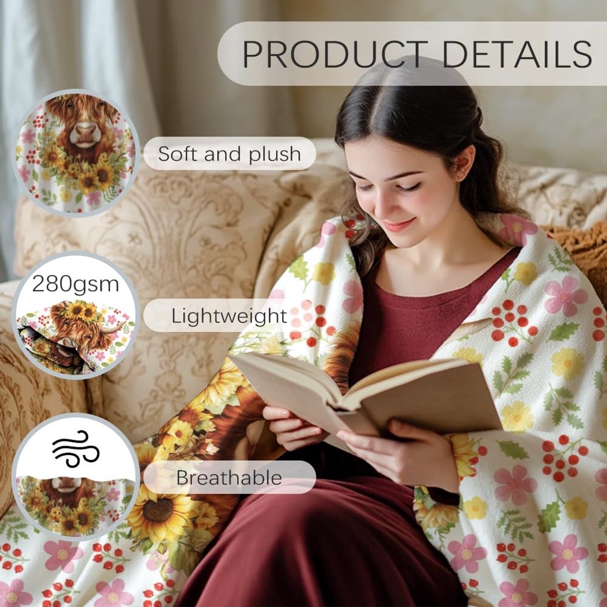 Omgoods - Highland Vee Plaid Deken - 130 x 150 cm Flanellen Bloemendeken voor Thuis en Kantoor