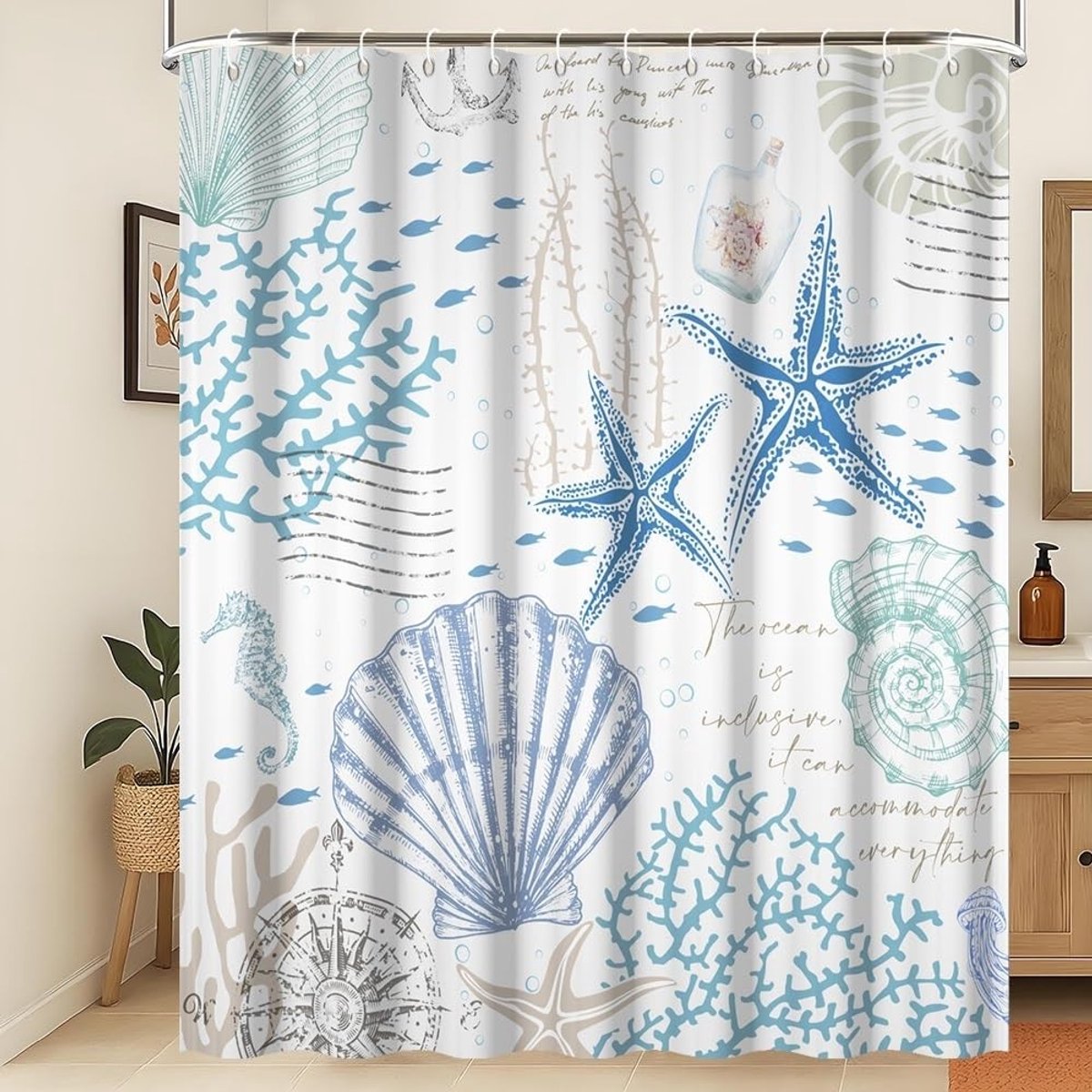 Omgoods - Retro Nautische Douchegordijn - 150x200 cm Waterproof Met Sterren en Schelpen