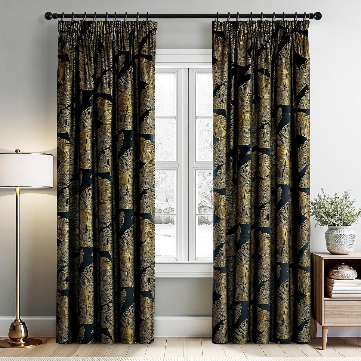 Omgoods - Ruffle Leaf Gouden Print Velvet Gordijnen - Zachte Blackout Raamdecoratie - Set van 2