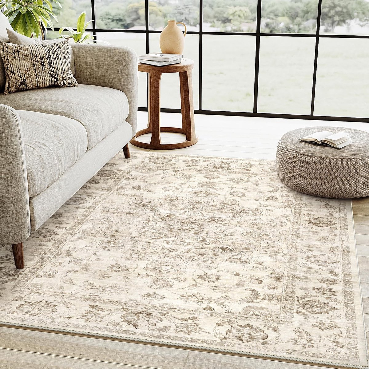 Omgoods - Vintage Vloerkleed Beige 120x170 cm - Wasbaar en Antislip voor Woonkamer en Keuken