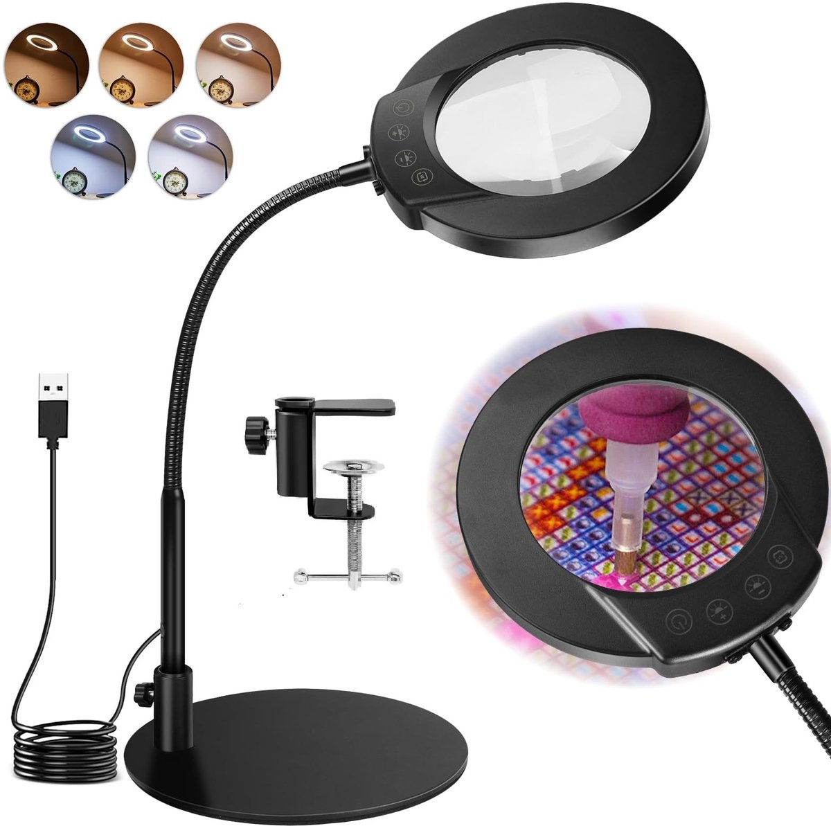 Omgoods - Vergrootglas met Lamp 10x - 2-in-1 Klem met 5 Kleurmodi voor Handwerk en Reparaties