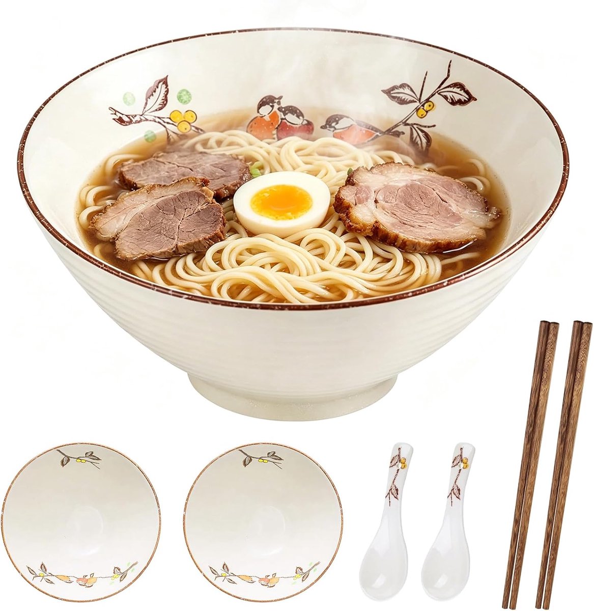 kommen set, 2 x 1200 ml ramen kom van keramiek met eetstokjes en lepels, grote soepkom voor ramen, pho, udon, salade, magnetronbestendig, vaatwasmachinebestendig (bloemen- en vogelset)