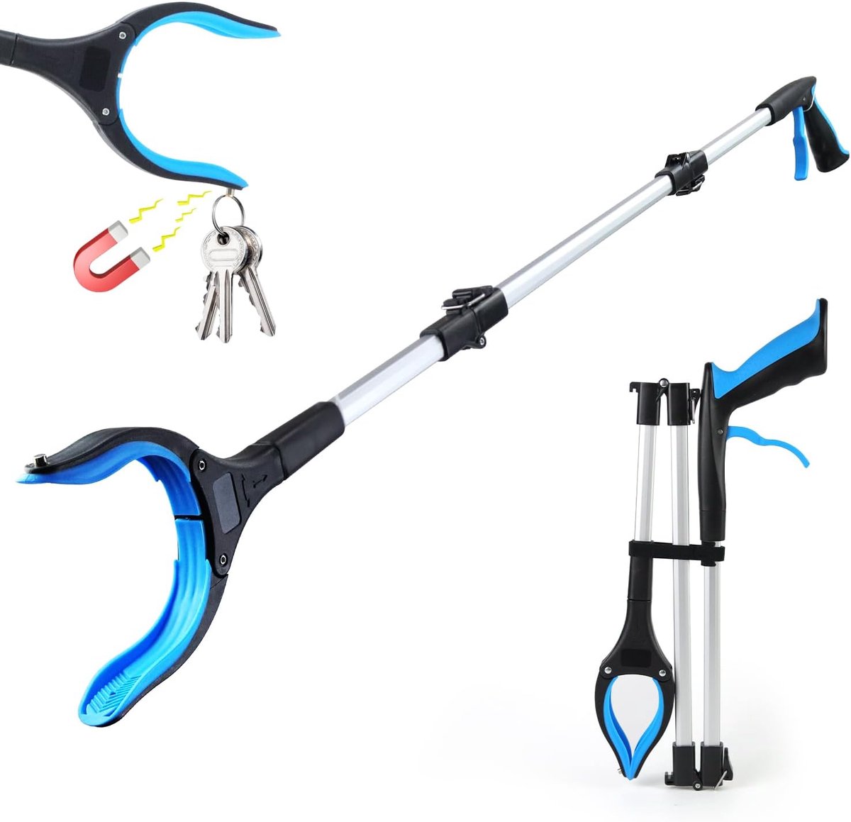 Grijptang voor voorwerpen, inklapbaar, voor ouderen, 110 cm, grijptang van aluminium, inklapbaar pincet met magnetische punten, telescopische tang voor afvalverzameling (blauw-D)
