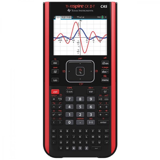 Zwarte TI-Nspire CX II-T CAS rekenmachine met rode zijkanten. Het scherm toont grafieken en wiskundige formules.