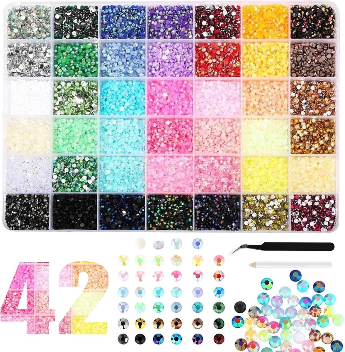Glitterstenen, 32.000-delige set, 42 kleuren, hars, strass-steentjes van 3 mm, bedazzling kit met pincet, applicatorstift, kleurrijke strass-steentjes met platte achterkant voor textiel