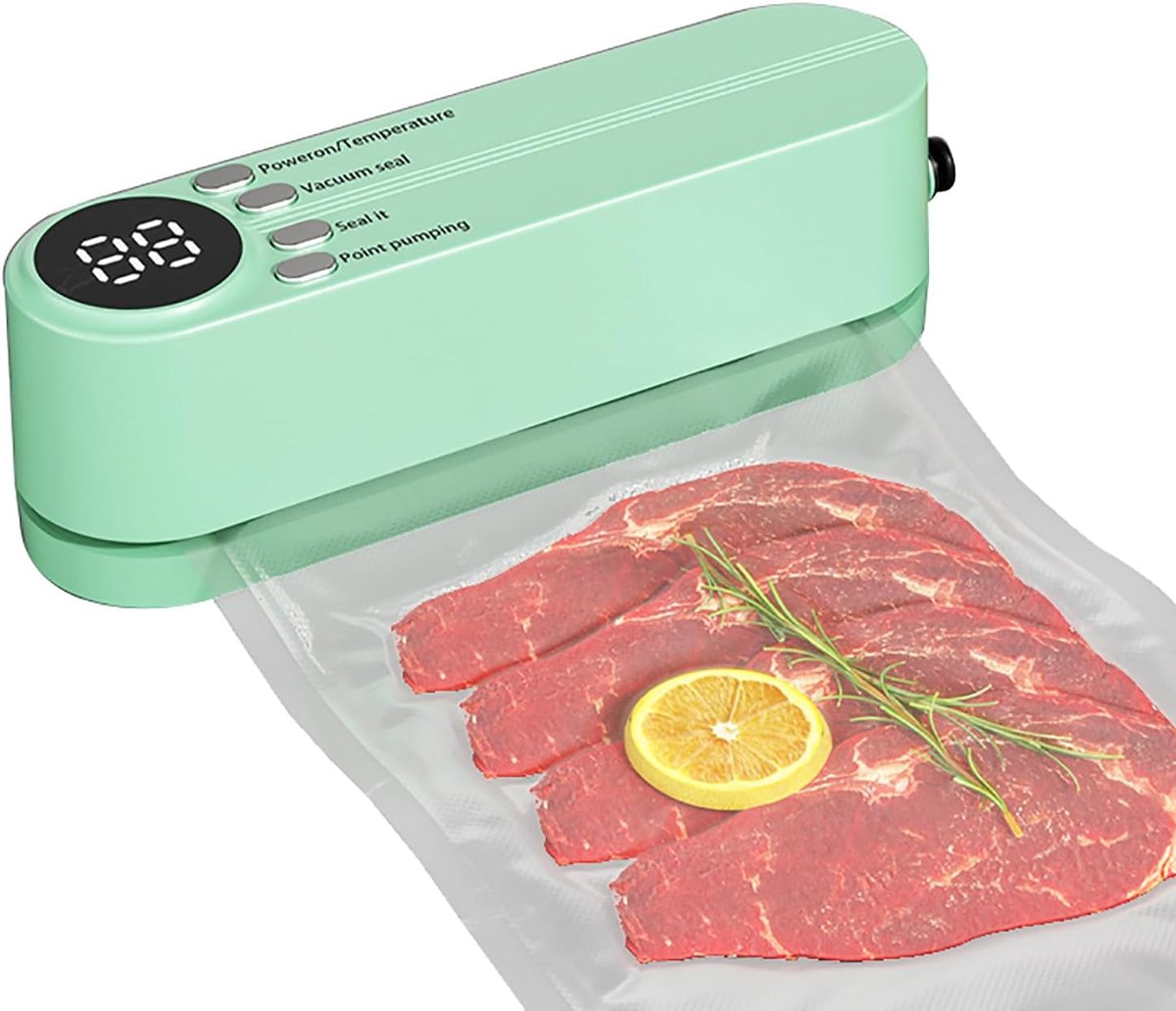 draagbare vacuümsealer voor continu werken met hoge snelheid, folielasapparaat voor levensmiddelen, incl. 4 vacuümzakken en 1 inflator adapter (groen)