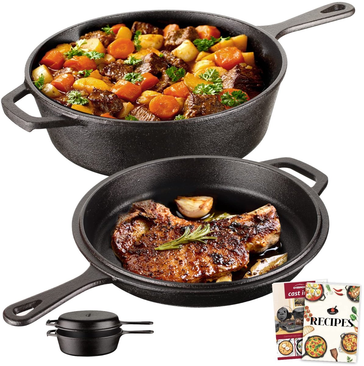 Omgoods - Gietijzeren Pan, 2-in-1 Braadpan met Deksel en Receptenboek