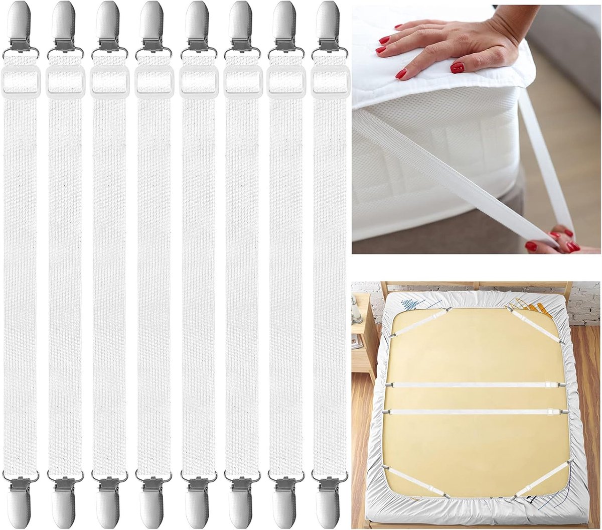 KZQ Verstelbare lakenclips met elastische band, set van 10, rekbaar van 35 tot 130 cm, met stevige metalen klemmen, geschikt voor matras, strijkplank, bank en tafelkleed-Wit