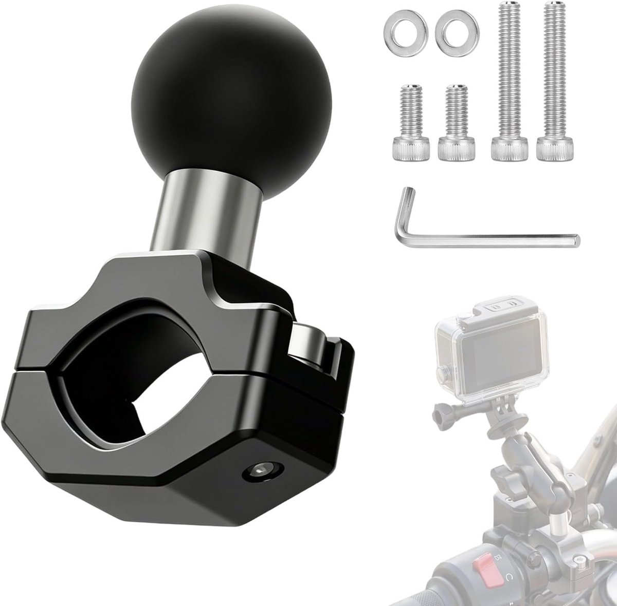 montagebasis van aluminiumlegering, compatibel met RAM Mount, bevestigingsbereik 21 mm-32 mm, met 1 TPU-bal voor motorfiets, fiets, spiegel, GoPro, Akaso