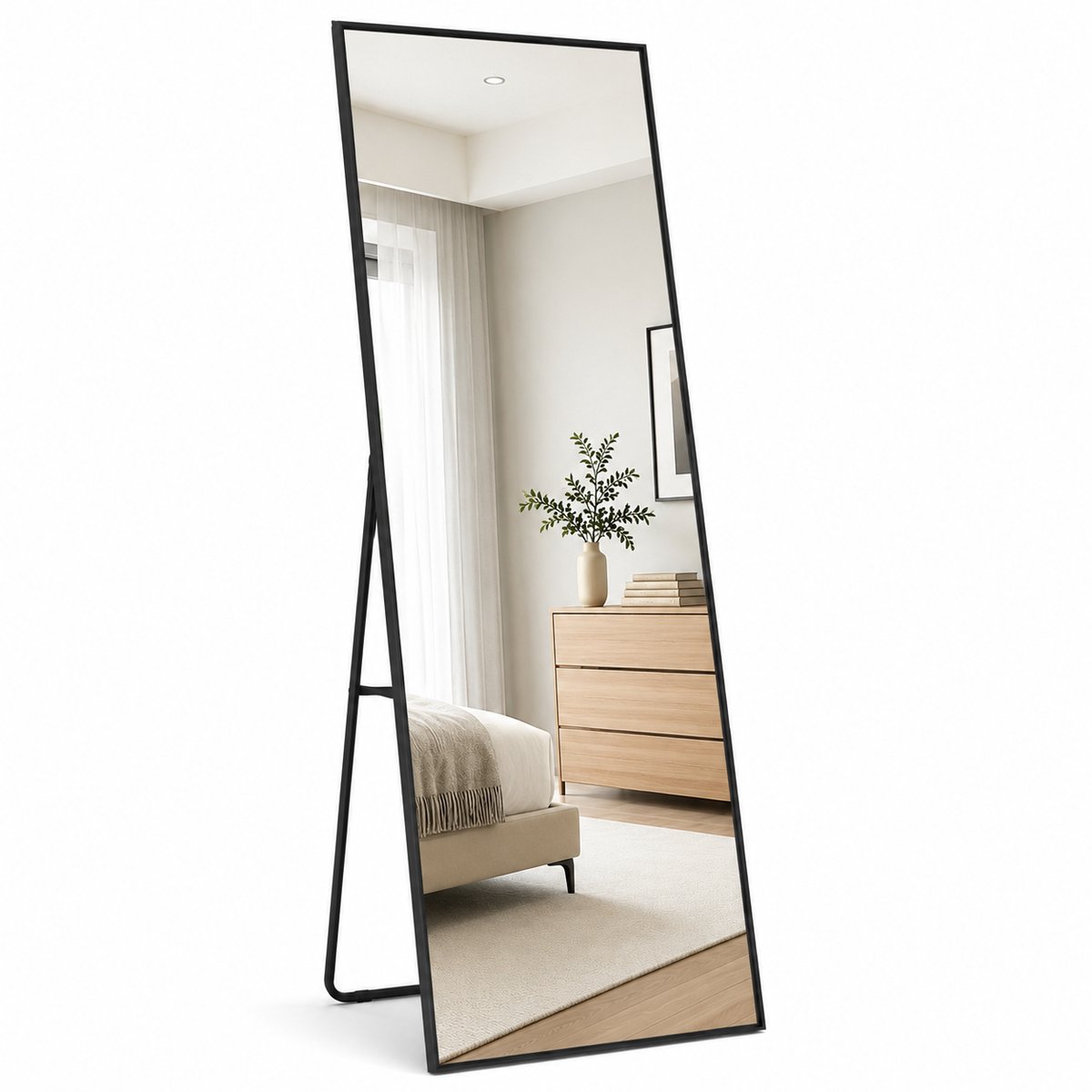 ITRONIQ Passpiegel 165 x 60 CM - Vrijstaande Volledige Lichaamsspiegel - Staande en Wandspiegel Met Zwart Metalen Frame - Zwart