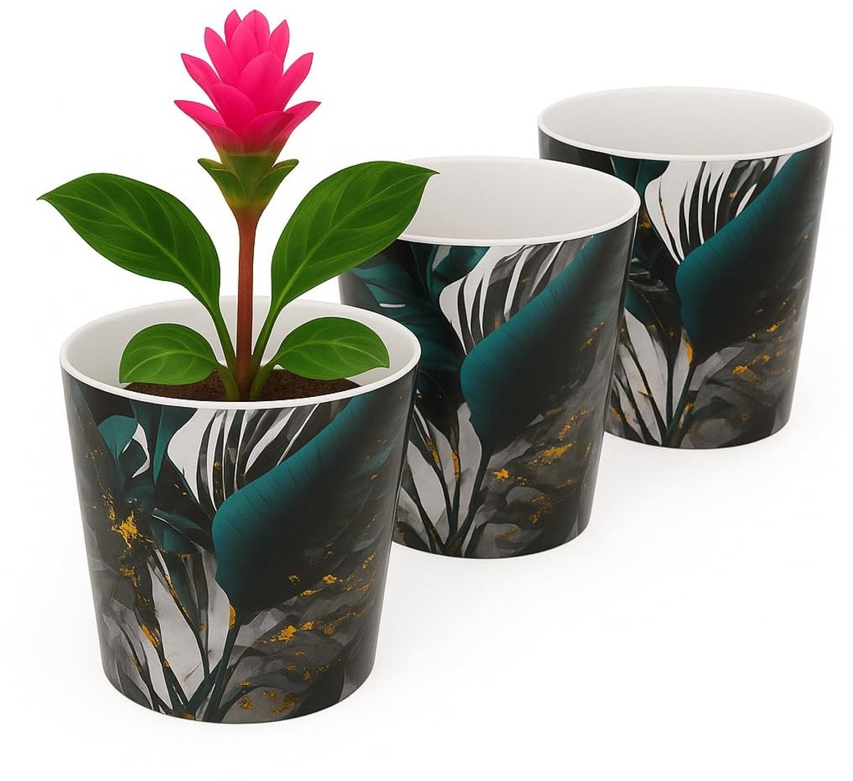 Omgoods - Set van 3 Duurzame Plantpotten met Palmblad Motief