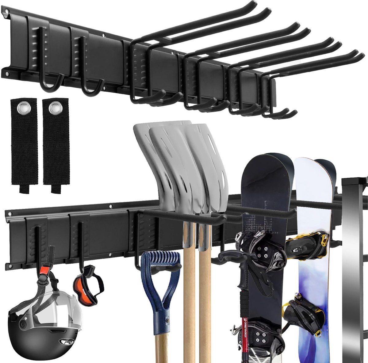 Omgoods - Wandgemonteerde Tuingereedschap Organizer - Met 6 Verstelbare Haken en 2 Straps