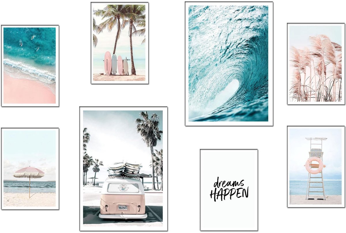 Omgoods - Set van 8 Houten Wanddecoraties - Landschap en Natuur - Klaar om op te Hangen
