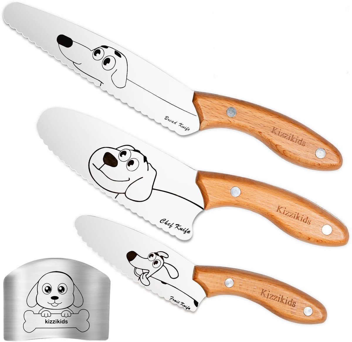 Omgoods - 4-delige Kindveilige Keukenmes Set - Rvs Blad en Houten Handvat