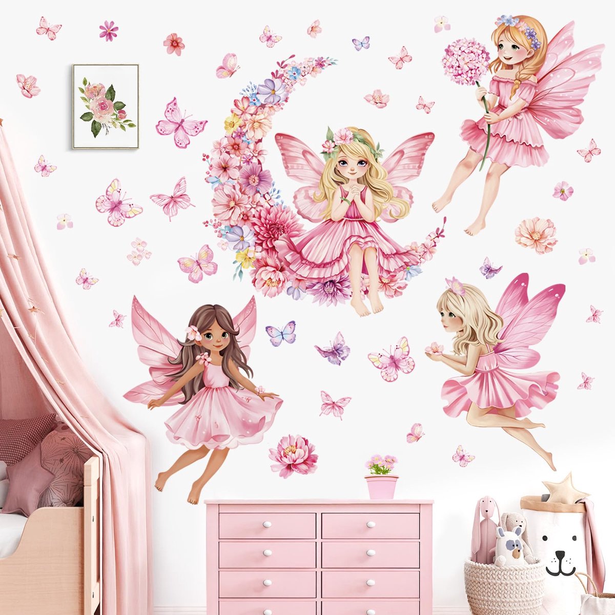 Omgoods - Roze Feestelijke Muursticker voor Meisjes - Bloemen en Vlinders Decoratie