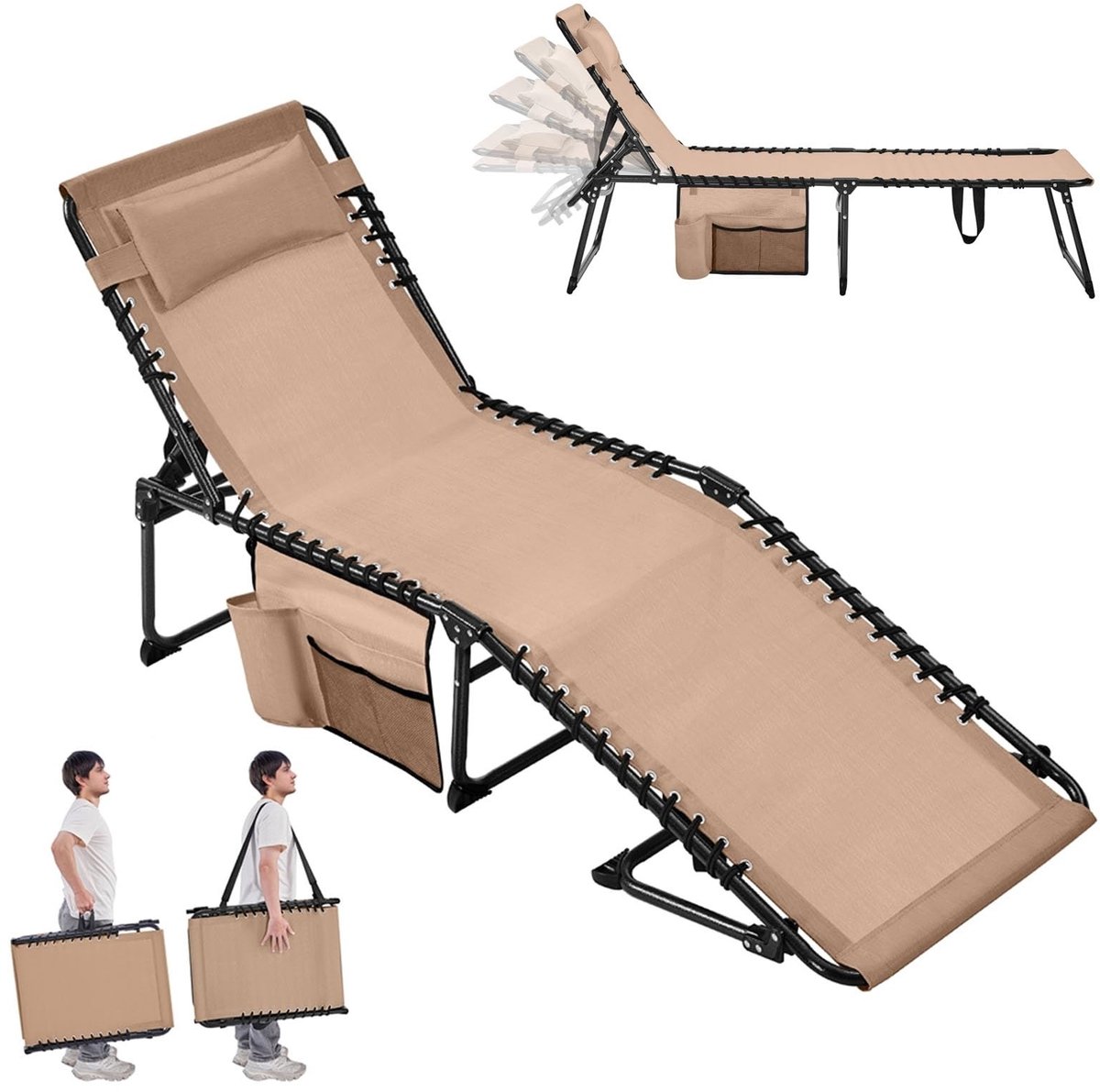 Omgoods - Vouwbaar Campingbed met Kussen en Verstelbare Rugleuning - Tot 120 kg