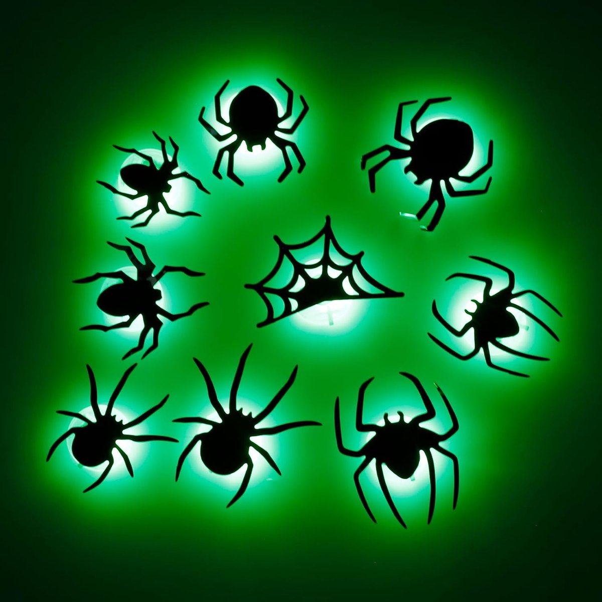 Led-spinnenstickers, 9 stuks, groene ledverlichting, 3D-spinnendecoratie, spinnen-muursticker met 9 maten, Helloween horrordecoratie